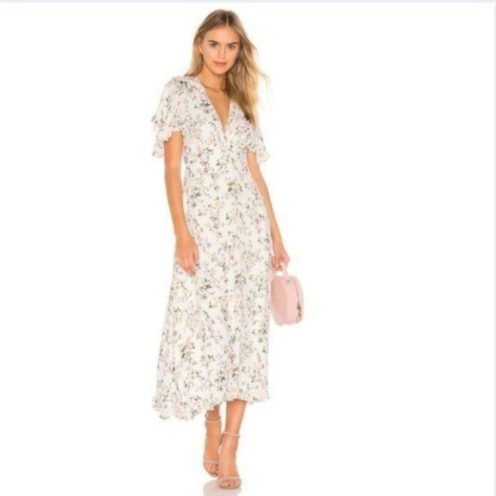 Divine Heritage White Floral Ruffle Midi Dress